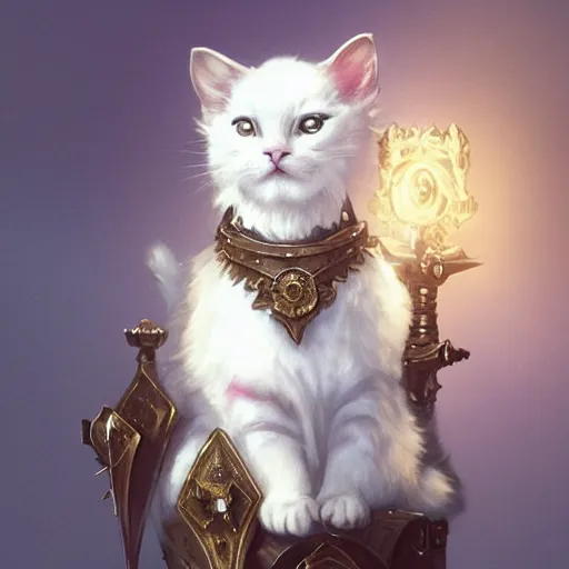 Image similar to A cute heraldic white kitty cat queen posing with one paw waving, D&D, fantasy, intricate, cinematic lighting, highly detailed, digital painting, artstation, concept art, smooth, sharp focus, illustration, art by Akihiko Yoshida, Greg Rutkowski and Alphonse Mucha