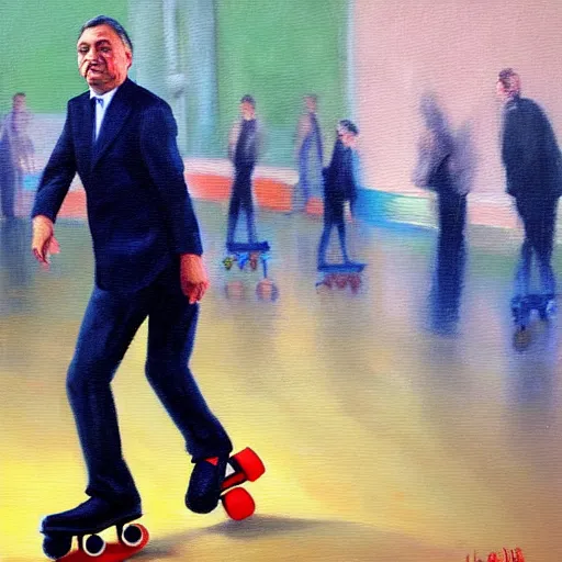 Image similar to viktor orban putting on rollerskates, oil painting