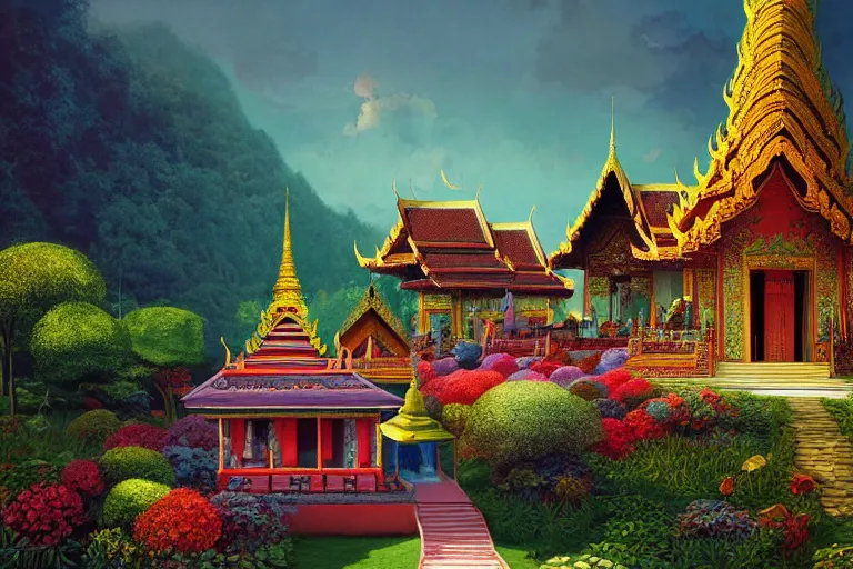 Prompt: summer morning, thai temple, rolling mountain, very coherent and colorful high contrast, art by gediminas pranckevicius, by wes anderson, dark shadows, hard lighting