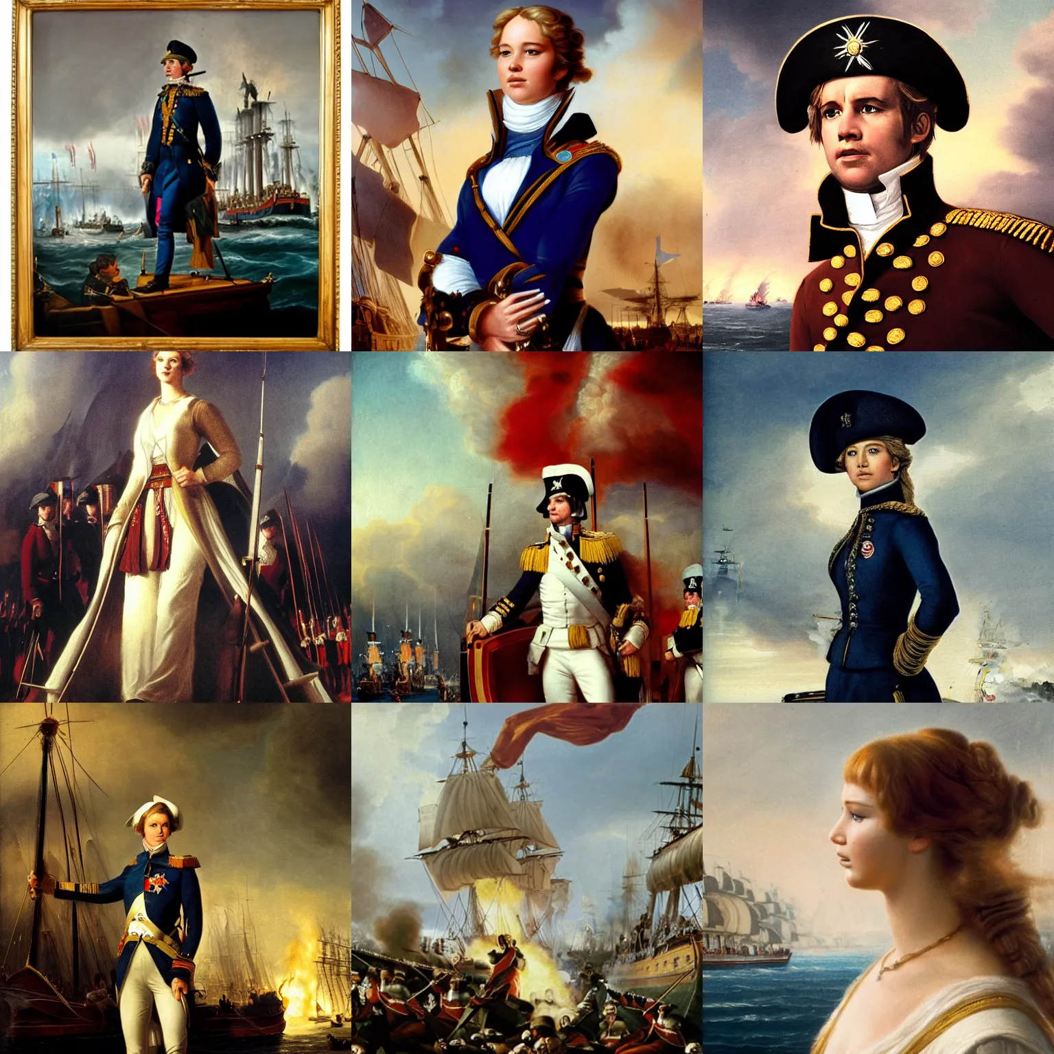 Prompt: Portrait of Jennifer Lawrence as Admiral Nelson during the Battle of Trafalgar, detailed, high quality, cinematic, elegant