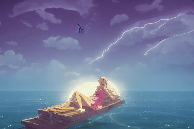 Prompt: anime woman sleeping on a raft, misty, night time, storm in distance, wide angle, by studio ghibli, anime, hazy, foggy, ambient lighting, 8 k, neon, synthwave,