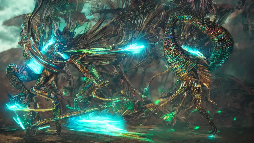 Prompt: photo of quetzalcoatl iridescent humanoid deity fighting against the machines, fantasy cinematic lighting, photorealistic, octane render 8 k depth of field 3 d