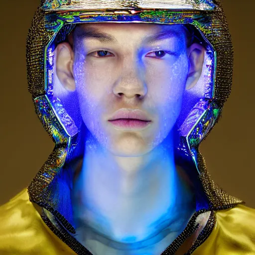 Prompt: a portrait of a beautiful young male wearing an alexander mcqueen armor made of iridiscent translucent glass , photographed by andrew thomas huang, artistic