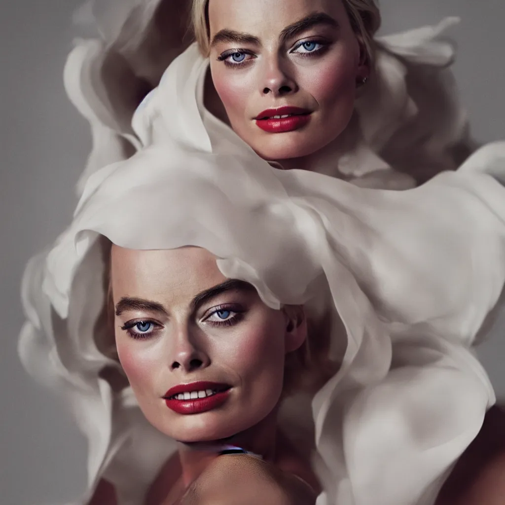 Image similar to a close up portrait photography of Margot Robbie dress in white in style of Vogue Magazine, Caravaggio lighting, drammatic colors scheme, fine art photography, dramatic background,