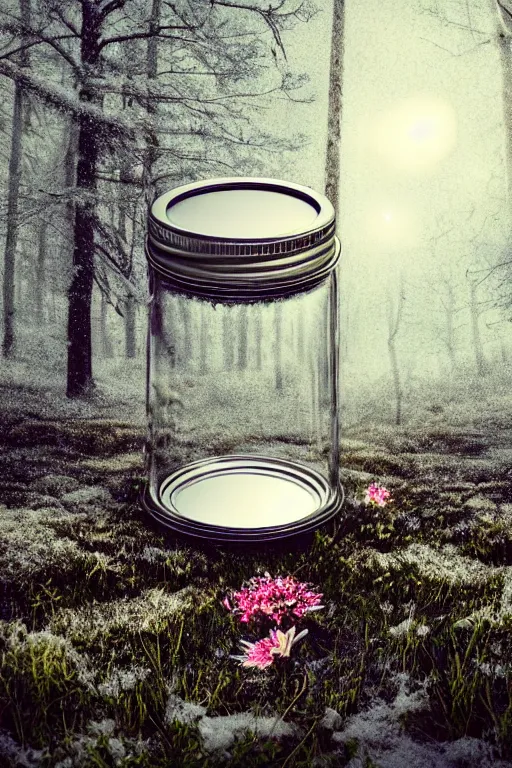 Prompt: a closed glass jar with a metal lid and beautiful flowers growing in grassy soil inside, standing in snow in a dark forest. bokeh, intricate detail, highly detailed, hyperrealistic, dark lighting, moonlight, glowing jar, magic, cgsociety, sense of awe, mystical, 8 k, beautiful digital art