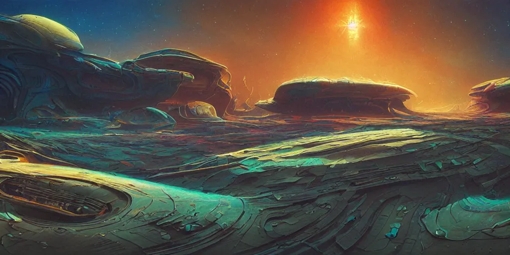 Prompt: the sands of time, a highly detailed cinematic oil painting by roger dean and alena aenami, crashed spaceship!!, dynamic lighting