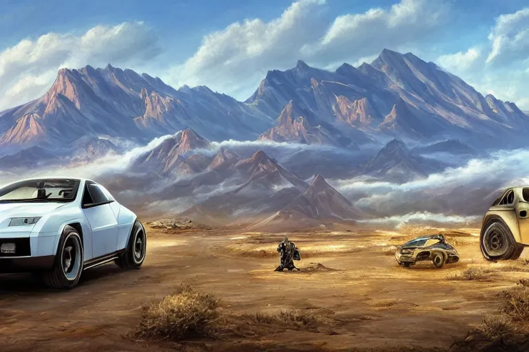Prompt: a futurisitic well designed car by jeep and honda and lamborghini and boeing, smooth military design, mountains in the distance, day, blue sky, summer, painting by asher brown durand and star wars movie, ultra mega detailed, beautiful realistic photo, professional photography, perfect
