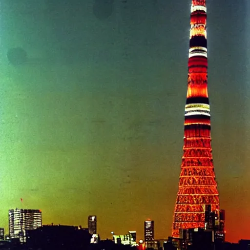 Image similar to photo of : the enormous mothership from close encounters of the third kind is hovering over tokyo tower in minato ward at night.