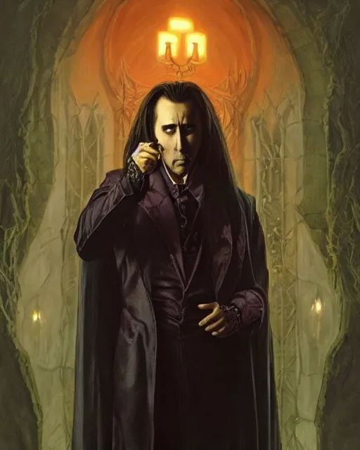 Image similar to nicolas cage as dracula, highly detailed, centered, artstation, concept art, smooth, sharp focus, illustration, bokeh art by artgerm and donato giancola and joseph christian leyendecker