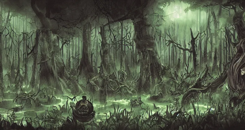 Image similar to A dense and dark enchanted forest with a swamp, from One piece