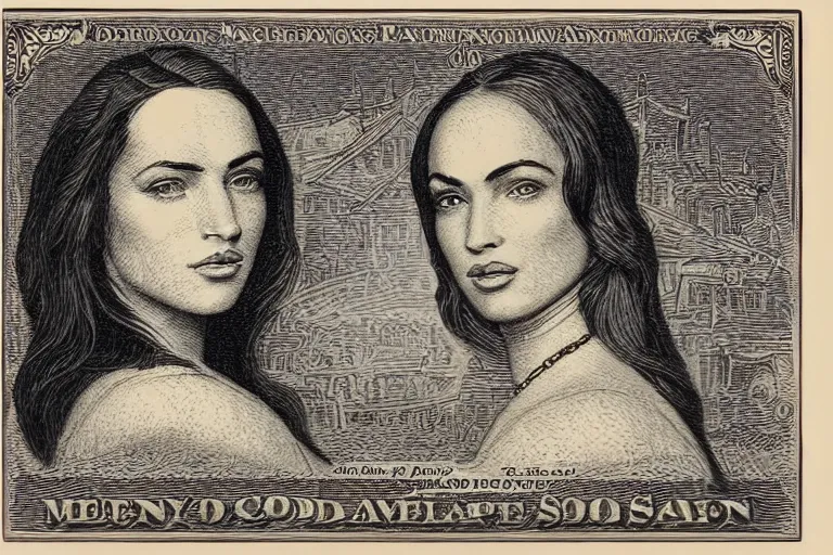 Image similar to An engraved portrait of Megan Fox , detailed!!! copper-plate engraving in the style of money bills, fine!!! lines, engraved by Alfred Sealey, Bureau of Engraving and Printing