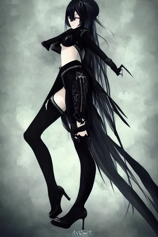 Prompt: pretty gothic lady wearing a full set of black armor and wearing black stockings, fullbody art, drawn by WLOP, by Avetetsuya Studios, anime still, trending on artstation