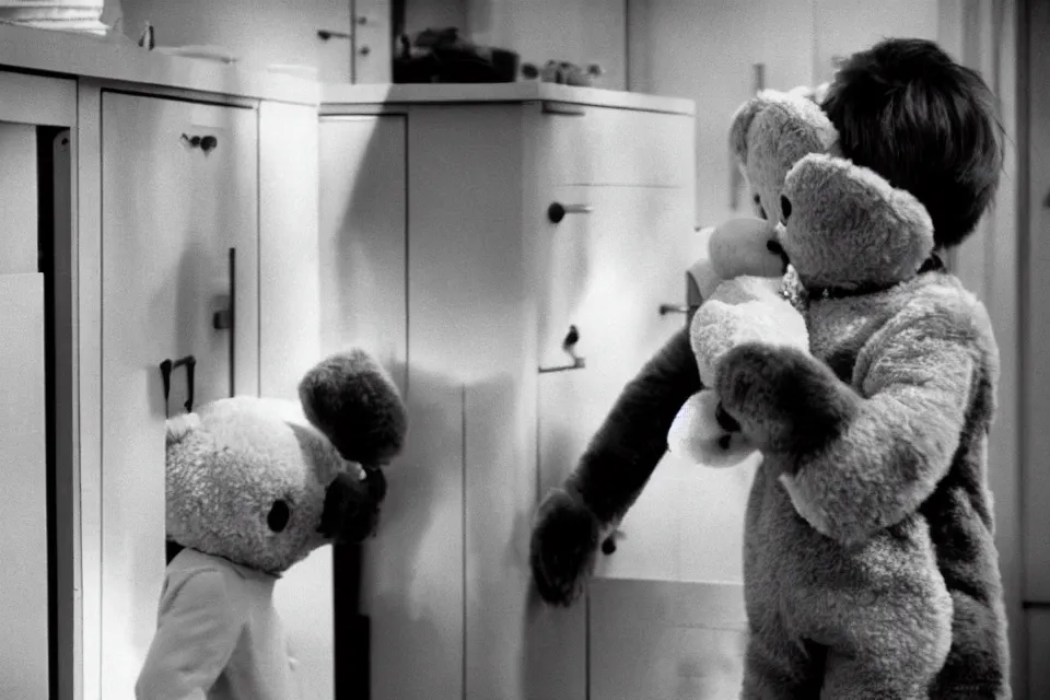 Image similar to a sad boy wearing a teddy bear costume standing behind a drawer still movie scene kubrick, moody, cinematic, lighting