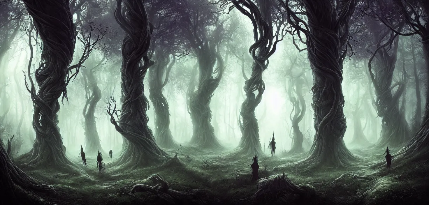 Image similar to scary fairy tale mystical forest twisted creepy trees magical forest landscape artwork trees near the path amazing nature, surreal, dreamlike, lucid dream, very detailed, perfect lighting, perfect composition, 4 k, artgerm, derek zabrocki, greg rutkowski