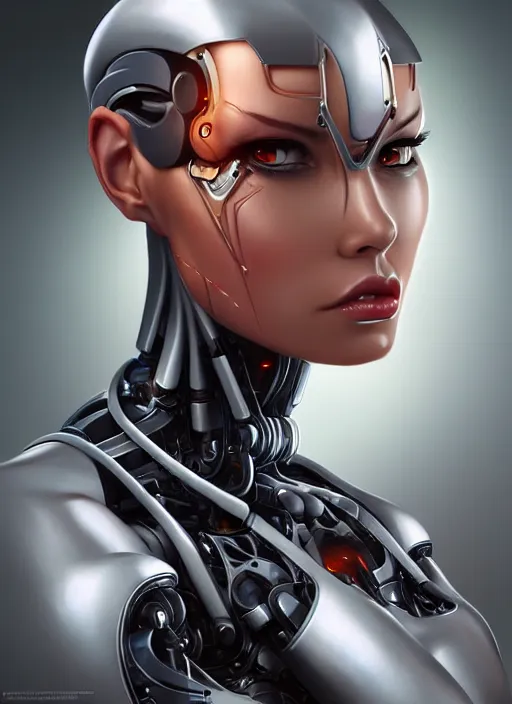 Image similar to portrait of a cyborg woman by Artgerm, biomechanical, hyper detailled, trending on artstation