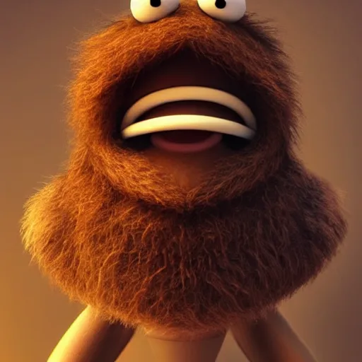 Image similar to a still of a forgotten muppet character looking very manly and modern, hilarious, laughing, hairy chest, huge chin, manly monster tough guy, roughled fur, photo real, photographic, photograph, artstation, trending, featured