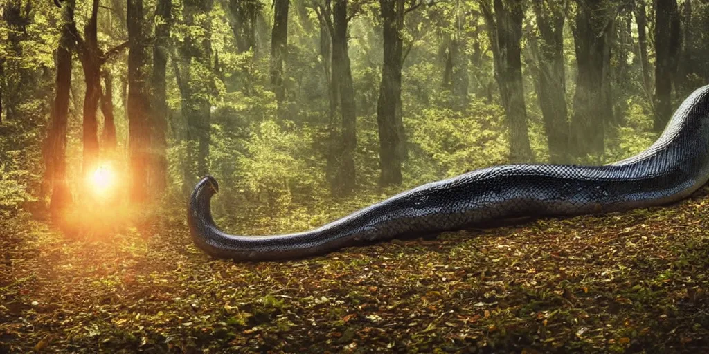 Prompt: a highly detailed giant snake god floating in the middle of a forest, beautiful ambient light, sun rays hitting the slightly translucent creature, his eyes are black and stare deeply into our soul, golden hour, 8k photography