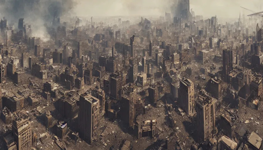 Prompt: Cinematic view of New York City ruins after an earthquake, fire, ashes and smoke columns, wide view, hyperdetailed, artstation, cgsociety, 8k