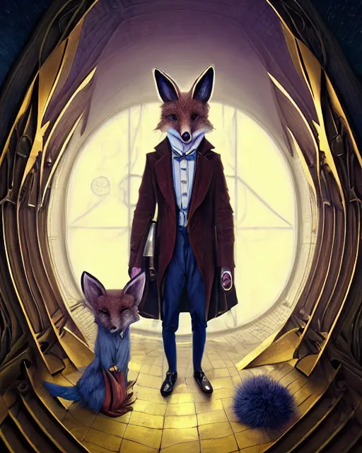 Image similar to anthropomorphic art of a detective fox inside tardis, victorian inspired clothing by artgerm, victo ngai, ryohei hase, artstation. fractal papersand books. highly detailed digital painting, smooth, global illumination, fantasy art by greg rutkowsky, karl spitzweg, doctor who