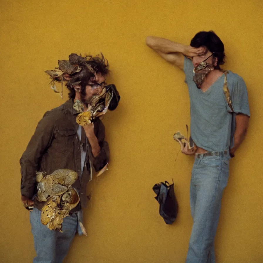 Image similar to 7 0 s movie still of a man with a jaw full of moth in a yellow wall tunnel, cinestill 8 0 0 t 3 5 mm eastmancolor, heavy grain, high quality, high detail