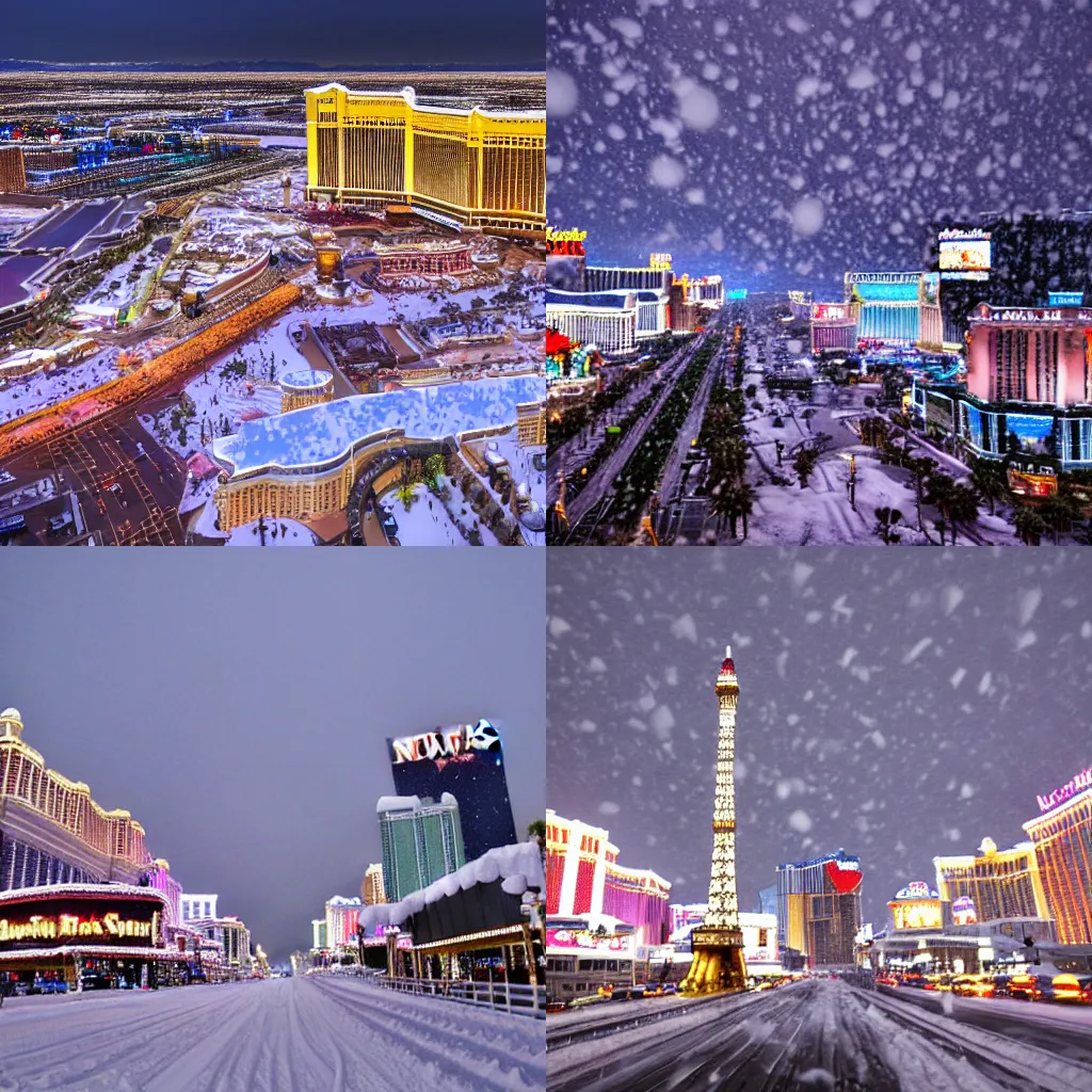Prompt: Las Vegas strip covered in snow