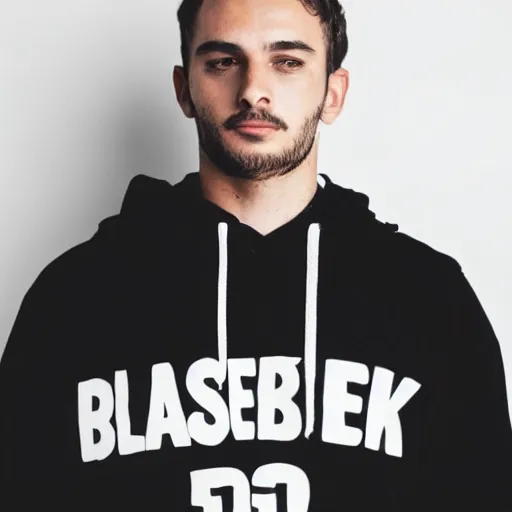 Image similar to a guy in a black hoodie in front of a plain white background, black and white