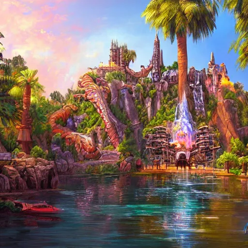 Prompt: painting of universal's islands of adventure, universal orlando, artstation