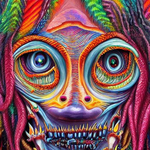 Image similar to a high detailed hyper detailed painting of a spiritual monster with dreadlocks and several eyes, pointy teeth and colorful skin with scales and strange textures, surreal psychedelic cosmic horror - 7 6 8