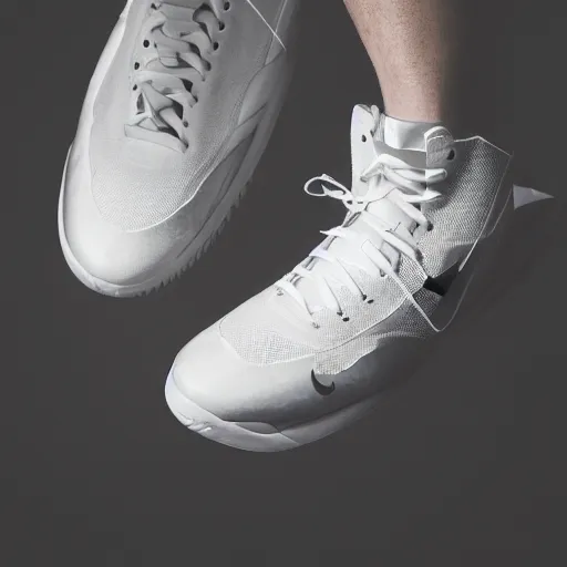 Image similar to a studio photoshoot of A Nike basketball sneaker designed by Virgil Abloh, mesh fabrics, Off-White, realistic, color film photography by Tlyer Mitchell, 35 mm, graflex