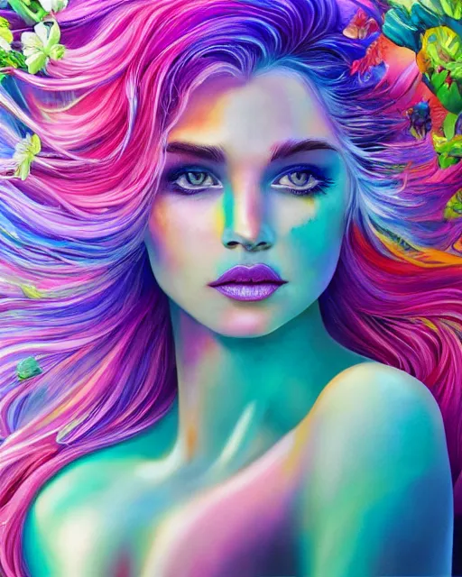 Prompt: ultra detailed realistic colorful acrylic pour flow painting of a iridescent chrome - haired woman with striking eyes, professional makeup, girl in a bed of flowers, directed gaze, digital art by rhads, lisa frank, clint cearley, trending on artstation, psychedelic art, psychedelic, metaphysical, vibrant colors, mystical, digital illustration