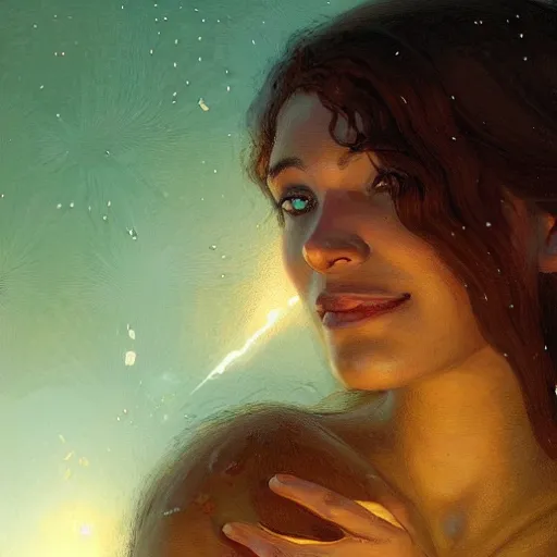 Prompt: A woman holding!!!!! Earth in her palms, illustrated by Greg Rutkowski and Gaston Bussiere, vividly radiantly beautiful lighting, closeup!!!!!, portrait imagery!!!!!, dazzling dappled lighting, subsurface scattering, light refractions, trending on artstation, 4k, 8k!!!!!