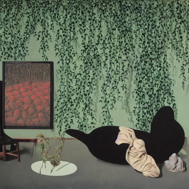 Image similar to a pathology student in her apartment, wrapped in vines, large stones, pig, black walls, ikebana, black armchair, puddles, moss, acrylic on canvas, surrealist, by magritte and monet