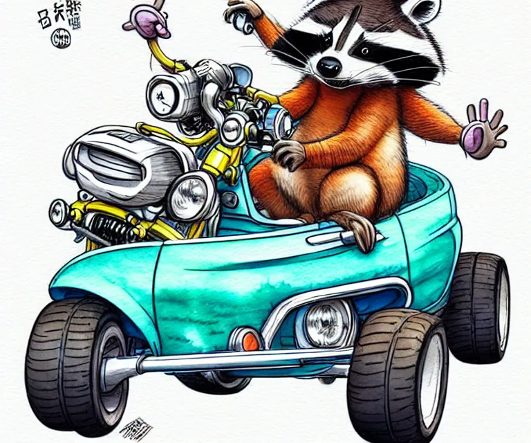 Image similar to cute and funny, racoon wearing a helmet riding in a tiny 4 wheeler with oversized engine, ratfink style by ed roth, centered award winning watercolor pen illustration, isometric illustration by chihiro iwasaki, edited by range murata, tiny details by artgerm, symmetrically centered