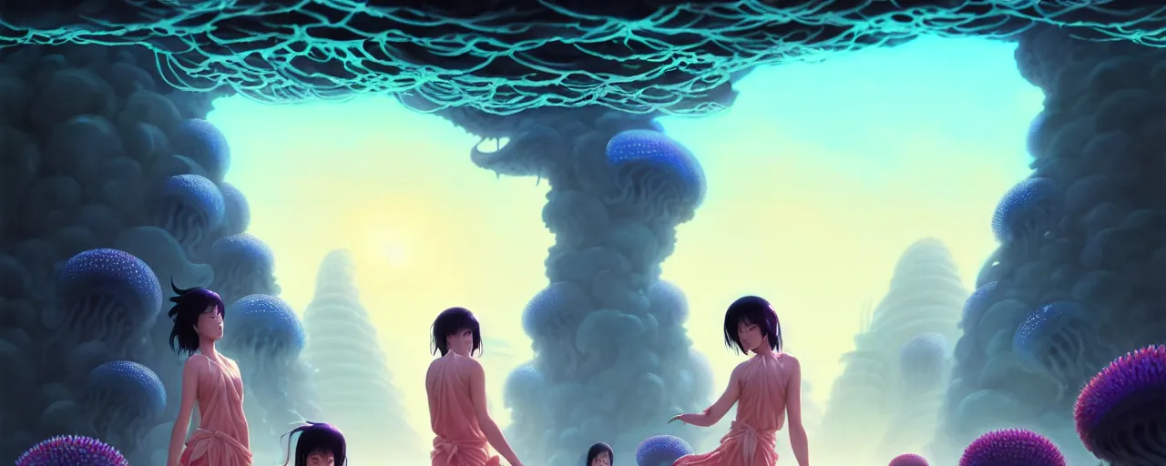 Prompt: A painting of shrine maidens worshipping at the jellyfish temple, shrouded in mist, jellyfish god, 8K, illustration, by ilya kuvshinov and Wojtek Fus and Justin Cheung and ArtGerm and Stéphane Roux, smoke, undersea temple with fish, cinematic, insanely detailed and intricate, hypermaximalist, elegant, super detailed, award-winning, chartreuse and orange and cyan, mysterious, ancient, ritual, ethereal, trending in cgsociety, artstation HQ, ornate, elite, haunting, matte painting, beautiful detailed, insanely intricate details, artstation trending