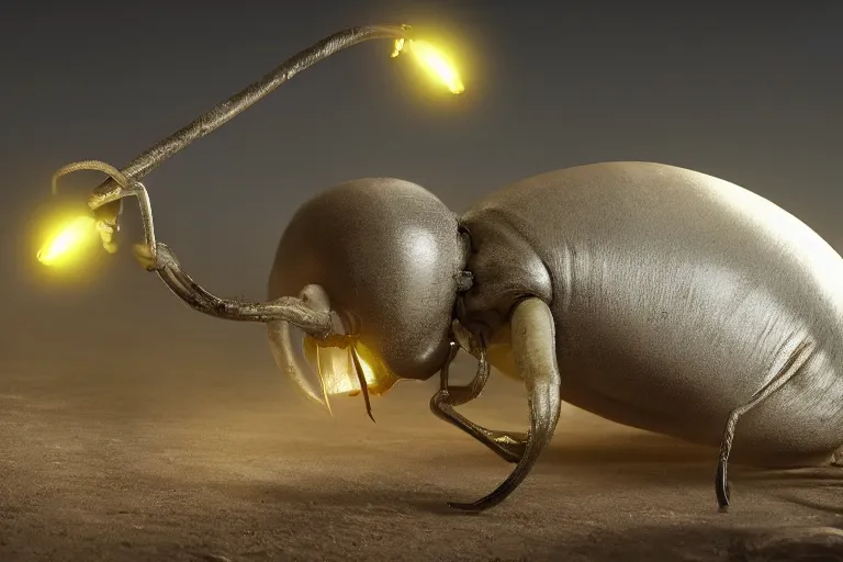 Image similar to a white grub with big scary mandibles and a glowing lightbulb tail, high resolution film still, HDR color, 8k