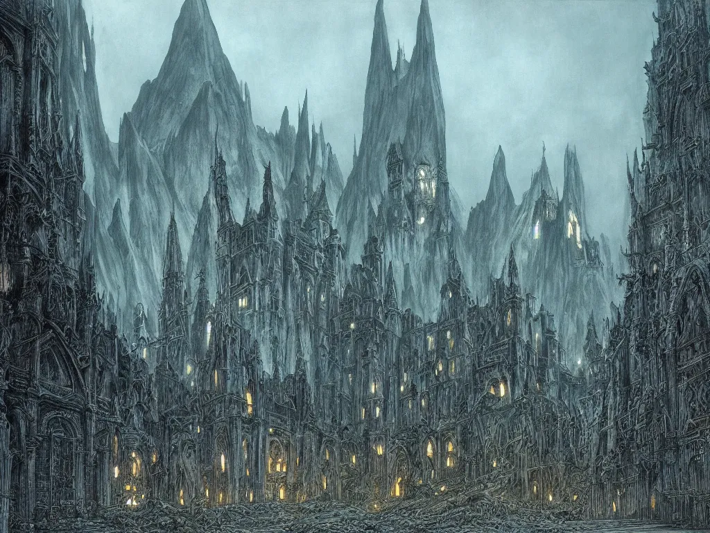 Prompt: the city of minas morgul, gloomy palace, agressive architecture, dead vegitation, atmosphere, spectacular details, dramatic lighting, epic composition, wide angle, low angle, by john howe, by alan lee, lord of the rings