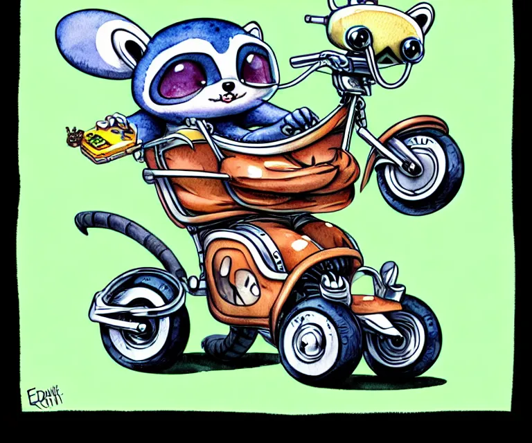 Image similar to cute and funny, racoon waving wearing a helmet riding in a tiny motorized wheelchair, ratfink style by ed roth, centered award winning watercolor pen illustration, isometric illustration by chihiro iwasaki, edited by range murata