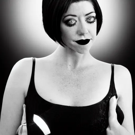 Image similar to a fashion photo portrait of a young Alyson Hannigan, full makup, smokey eye, medium shot. In the style of Helmut newton, robert maplethorpe, Stefano Brunesci, Lachlan Bailey, Herb Ritts, Ellen Von Unwerth, Haris Nukem, Sardax, Annie Leibovitz. detailed photo, hd, 4k, trending on artstation, 35mm, f1.8