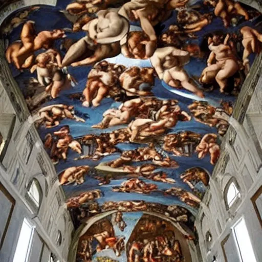 Image similar to Sistine chapel with a star wars painting, realistic, on the roof,