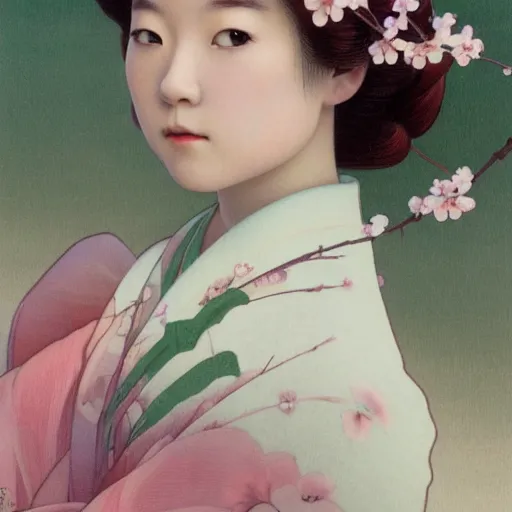 Prompt: side portrait of a young japanese woman wearing a kimono, cherry blossom crown, long hair, hair down, headshot, hyper realistic, pale skin, 4k, rule of thirds, extreme detail, detailed drawing, trending artstation, hd, fantasy, D&D, realistic lighting, by Alphonse Mucha, Greg Rutkowski, sharp focus, backlit, elegant