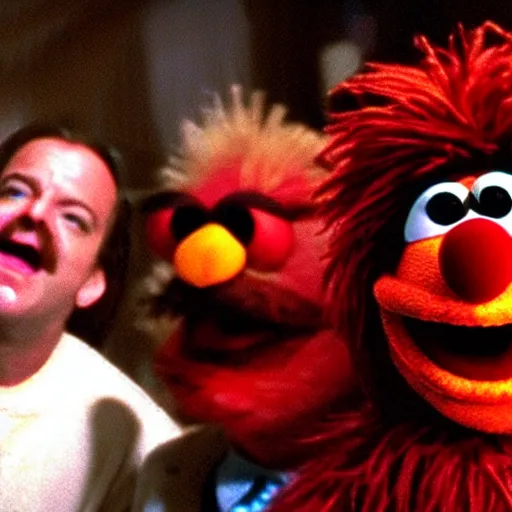 Image similar to shining but with muppets, movie still, cinematography, cinematic lighting