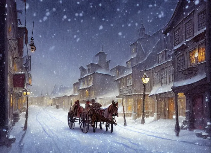Image similar to a night scene of a snowy town with a horse drawn carriage, a detailed matte painting by anton pieck, deviantart contest winner, fantasy art, concept art, official art, matte drawing