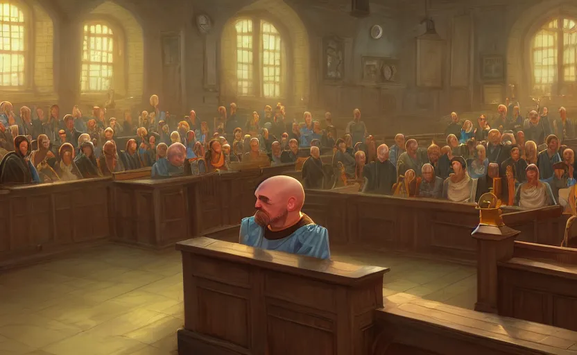 Image similar to the courtroom, close up a bald man in a skirt, no blur, 4 k resolution, ultra detailed, style of marc simonetti, tyler edlin, deviantart