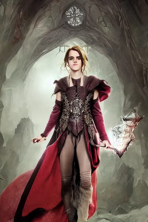 Image similar to beautiful portrait of emma watson as a fantasy dungeons and dragons sorceress wearing arcane magical robes