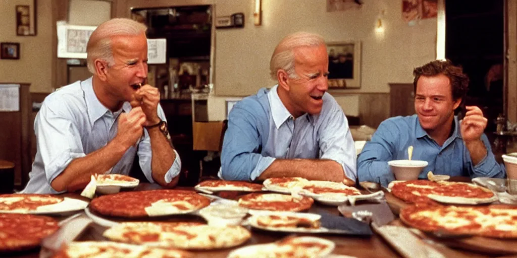 Image similar to color film of joe biden eating pizza in an italian restaurant 1 9 9 4 im the film of good will hunting, grinning, close up, high quality ultra realistic detailed