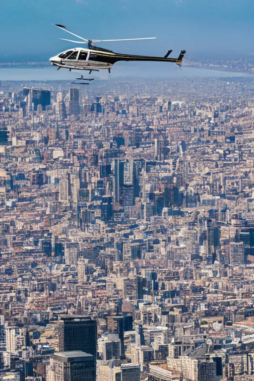 Image similar to a 5 0's helicopter flying over the city