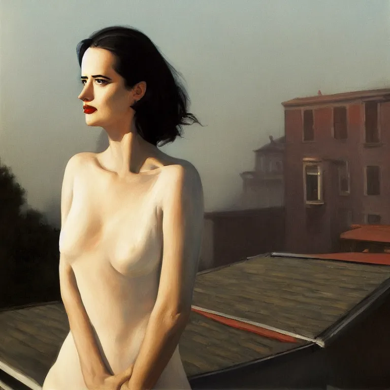 Image similar to portrait of Eva Green on a roof, fog, early morning, , painted by Edward Hopper, painted by Wayne Barlow, airbrush