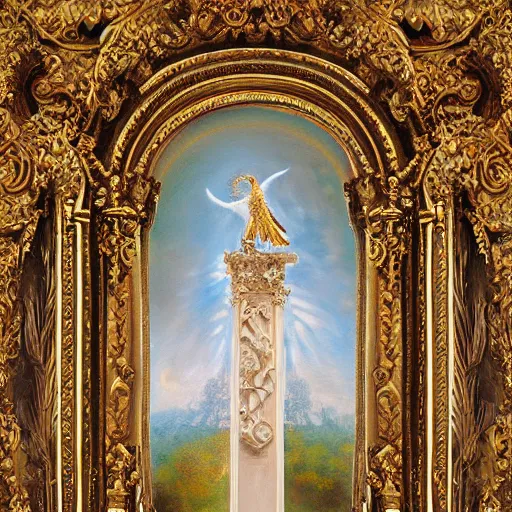 Image similar to angelic purity, heaven gate, baroque, hyper detailed ornament, 8 k, oil painting, holy lights,