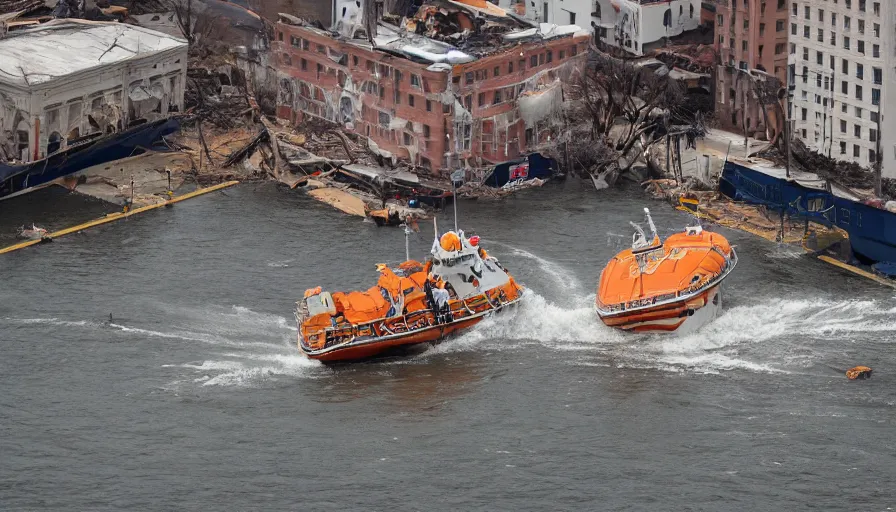 Image similar to lifeboat crossing washington dc streets after devastating tsunami, collapsed buildings in the water, rescuing people, sunny day, hyperdetailed, artstation, cgsociety, 8 k