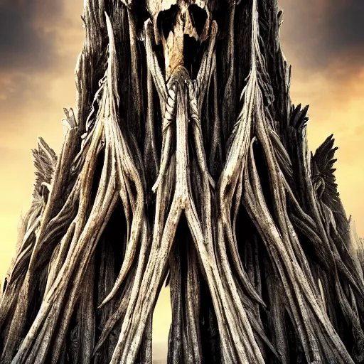 Image similar to giant throne of bones, very very very tall, wide angel shot from below, legendary, dramatic lightning, insane detailed, epic, movie poster, photorealistic, 8k, octane render -ar 16:9 H 1024